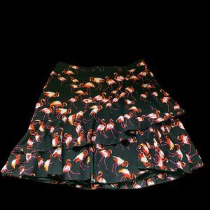 Black/Pink Flamingo Print Tiered Ruffle Skirt